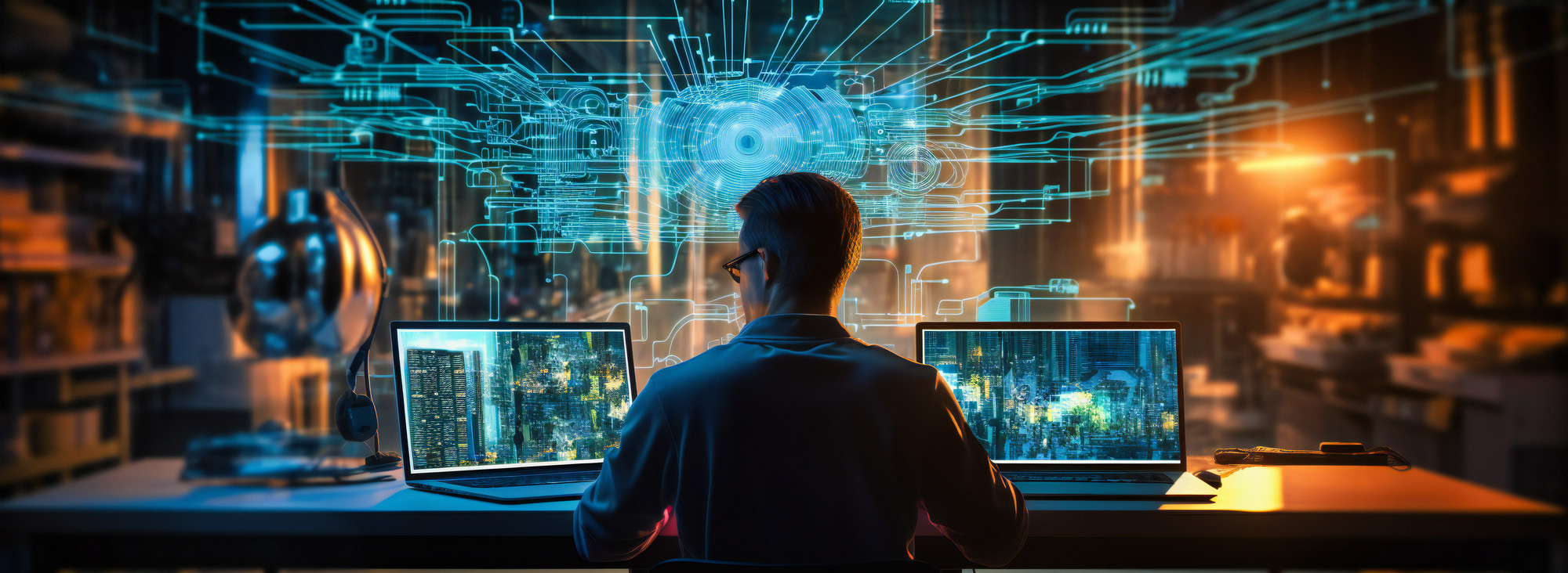 man sitting at two laptops with 3d visualization around him